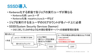 DWANGO Co., Ltd. all rights reserved.
• Kerberos化する前後で各ジョブの実行ユーザが異なる
• Kerberos化前: yarnユーザ
• Kerberos化後: masahiro_kiuraユーザなど
• ジョブを実行する全ユーザのOSアカウントが各ノード上に必要
• SSSD(System Security Services Daemon)
• OSに対してLDAPのような外部ID管理サーバへの接続管理を提供
SSSD導入
35
個々のノード
yarnユーザが実行するNM
個々のジョブコンテナ
LDAPSSSD
1.作成
2.ジョブ実行
・実行ユーザ名の解決
・該当ジョブの実行
2.ジョブ実行
・実行ユーザ名の解決
・該当ジョブの実行
ユーザ名の解決は弊社の場合は以下の順
・/etc/passwd
・SSSDキャッシュ
・SSSD経由LDAP接続
 