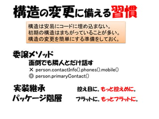 構造の変更に備える習慣
  構造は安易にコードに埋め込まない。
  初期の構造はまちがっていることが多い。
  構造の変更を簡単にする準備をしておく。


委譲メソッド
  面倒でも隣人とだけ話す
  × person.contactInfo().phones().mobile()
  ◎ person.primaryContact()

実装継承                   控え目に。もっと控えめに。
パッケージ階層               フラットに。もっとフラットに。
 