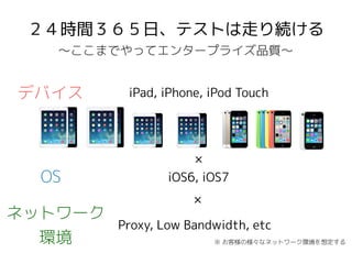 ２４時間３６５日、テストは走り続ける
〜ここまでやってエンタープライズ品質〜

デバイス

iPad, iPhone, iPod Touch

OS

×
iOS6, iOS7

ネットワーク
環境

×
Proxy, Low Bandwidth, etc
※ お客様の様々なネットワーク環境を想定する

 