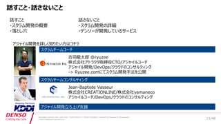 /40
Developers Summit, Feb. 16th 2018 / Seiichi Koizumi / Digital Innovation, Engineering Research & Development
© DENSO CORPORATION All RightsReserved.
話すこと・話さないこと
話すこと
・スクラム開発の概要
・落とし穴
話さないこと
・スクラム開発の詳細
・デンソーが開発しているサービス
吉羽龍太郎 @ryuzee
株式会社アトラクタ取締役CTO/アジャイルコーチ
アジャイル開発/DevOps/クラウドのコンサルティング
-> Ryuzee.comにてスクラム開発手法を公開
スクラムチームコーチ
スクラムチームコンサルティング
Jean-Baptiste Vasseur
株式会社CREATIONLINE/株式会社yamaneco
アジャイルコーチ/DevOps/クラウドのコンサルティング
13
アジャイル開発を詳しく知りたい方はコチラ
アジャイル開発立ち上げ支援
 