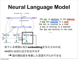 Neural Language Model
似ている単語に似たembeddingを与えられれば，
NN的には似た出力を出すはず
   語の類似度を考慮した言語モデルができる
13年9月28日土曜日
 