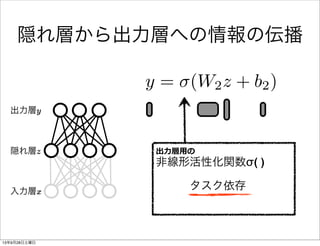 入力層x
隠れ層z
出力層y
出⼒力力層⽤用の
非線形活性化関数σ( )
   タスク依存
隠れ層から出力層への情報の伝播
y = (W2z + b2)
13年9月28日土曜日
 