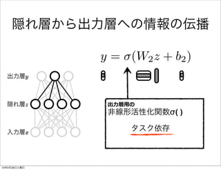 入力層x
隠れ層z
出力層y
出⼒力力層⽤用の
非線形活性化関数σ( )
   タスク依存
隠れ層から出力層への情報の伝播
y = (W2z + b2)
13年9月28日土曜日
 