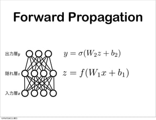 Forward Propagation
入力層x
隠れ層z
出力層y
z = f(W1x + b1)
y = (W2z + b2)
13年9月28日土曜日
 