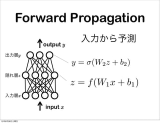 Forward Propagation
入力層x
隠れ層z
出力層y
z = f(W1x + b1)
y = (W2z + b2)
入力から予測
input x
output y
13年9月28日土曜日
 