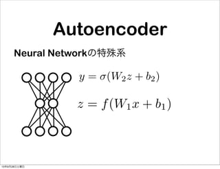 Neural Networkの特殊系
Autoencoder
z = f(W1x + b1)
y = (W2z + b2)
13年9月28日土曜日
 