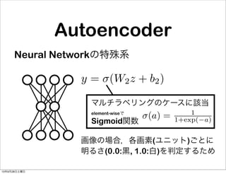 Neural Networkの特殊系
Autoencoder
y = (W2z + b2)
(a) = 1
1+exp( a)
element-wiseで
Sigmoid関数
マルチラベリングのケースに該当
画像の場合，各画素(ユニット)ごとに
明るさ(0.0:黒, 1.0:白)を判定するため
13年9月28日土曜日
 