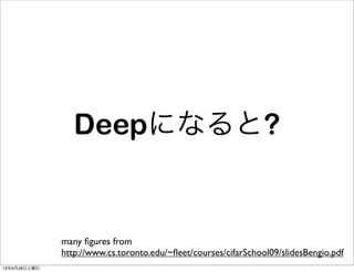 Deepになると?
many ﬁgures from
http://www.cs.toronto.edu/~ﬂeet/courses/cifarSchool09/slidesBengio.pdf
13年9月28日土曜日
 