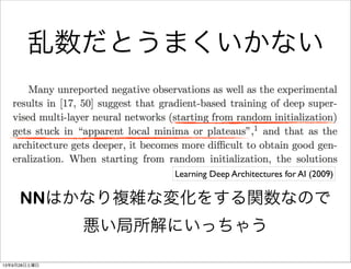 乱数だとうまくいかない
NNはかなり複雑な変化をする関数なので
悪い局所解にいっちゃう
Learning Deep Architectures for AI (2009)
13年9月28日土曜日
 