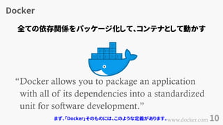 Docker
10
“Docker allows you to package an application
with all of its dependencies into a standardized
unit for software development.”
www.docker.com
全ての依存関係をパッケージ化して、コンテナとして動かす
まず、「Docker」そのものには、このような定義があります。
 