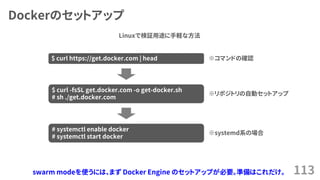 Dockerのセットアップ
113
$ curl https://get.docker.com | head
$ curl -fsSL get.docker.com -o get-docker.sh
# sh ./get.docker.com
# systemctl enable docker
# systemctl start docker
※systemd系の場合
※リポジトリの自動セットアップ
※コマンドの確認
Linuxで検証用途に手軽な方法
swarm modeを使うには、まず Docker Engine のセットアップが必要。準備はこれだけ。
 