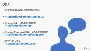 Q&A
• 何か気になるところはありますか？
• https://slideshare.net/zembutsu
• Dockerドキュメント日本語訳
http://docs.docker.jp
• Docker Composeドキュメント日本語訳
http://docs.docker.jp/compose/
• 公式ドキュメント
https://docs.docker.com
123
 