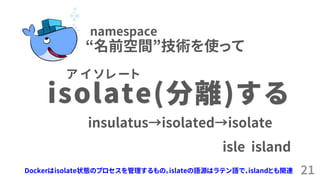 21
isolate(分離)する
insulatus→isolated→isolate
isle island
ア イ ソ レ ー ト
“名前空間”技術を使って
namespace
Dockerはisolate状態のプロセスを管理するもの。islateの語源はラテン語で、islandとも関連
 