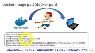 docker image pull (docker pull)
52
$ docker pull hello-world
Using default tag: latest
latest: Pulling from library/hello-world
d1725b59e92d: Pull complete
Digest: sha256:0add3ace90ecb4adbf7777e9aacf18357296e799f81cabc9fde470971e499788
Status: Downloaded newer image for hello-world:latest
Docker Hub
大事なのは「library」が公式イメージ専用の名前空間で、セキュリティ上、公式のみ使うべきです。
 