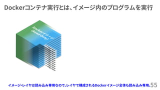 Dockerコンテナ実行とは、イメージ内のプログラムを実行
55イメージ・レイヤは読み込み専用なので、レイヤで構成されるDockerイメージ全体も読み込み専用。
 