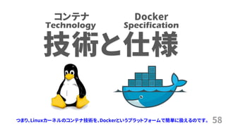 58
技術と仕様
Technology Specification
コンテナ Docker
つまり、Linuxカーネルのコンテナ技術を、Dockerというプラットフォームで簡単に扱えるのです。
 