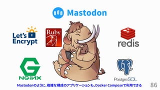 86
Mastodon
Mastodonのように、複雑な構成のアプリケーションも、Docker Composeで利用できる
 