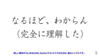 9新しい概念が少しあるものの、Dockerやコンテナそのものは、実はシンプルです。
 