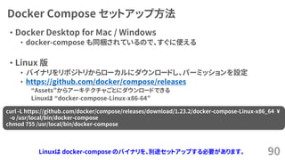 Docker Compose セットアップ方法
• Docker Desktop for Mac / Windows
• docker-compose も同梱されているので、すぐに使える
• Linux 版
• バイナリをリポジトリからローカルにダウンロードし、パーミッションを設定
• https://github.com/docker/compose/releases
“Assets”からアーキテクチャごとにダウンロードできる
Linuxは “docker-compose-Linux-x86-64”
90
curl -L https://github.com/docker/compose/releases/download/1.23.2/docker-compose-Linux-x86_64 ¥
-o /usr/local/bin/docker-compose
chmod 755 /usr/local/bin/docker-compose
Linuxは docker-compose のバイナリを、別途セットアップする必要があります。
 