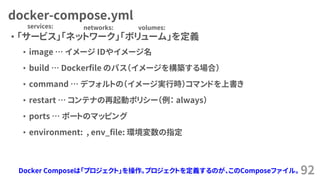 docker-compose.yml
• 「サービス」「ネットワーク」「ボリューム」を定義
• image … イメージ IDやイメージ名
• build … Dockerfile のパス（イメージを構築する場合）
• command … デフォルトの（イメージ実行時）コマンドを上書き
• restart … コンテナの再起動ポリシー（例： always）
• ports … ポートのマッピング
• environment: , env_file: 環境変数の指定
92
services: networks: volumes:
Docker Composeは「プロジェクト」を操作。プロジェクトを定義するのが、このComposeファイル。
 