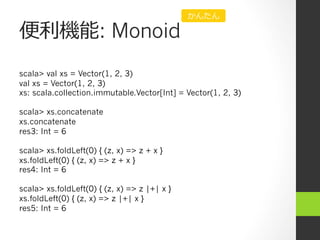 便便利利機能: Monoid
scala> val xs = Vector(1, 2, 3)
val xs = Vector(1, 2, 3)
xs: scala.collection.immutable.Vector[Int] = Vector(1, 2, 3)
scala> xs.concatenate
xs.concatenate
res3: Int = 6
scala> xs.foldLeft(0) { (z, x) => z + x }
xs.foldLeft(0) { (z, x) => z + x }
res4: Int = 6
scala> xs.foldLeft(0) { (z, x) => z |+| x }
xs.foldLeft(0) { (z, x) => z |+| x }
res5: Int = 6
かんたん
 