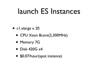 launch ES Instances
• c1.xlarge x 20
• CPU Xeon 8core(2,300MHz)
• Memory 7G
• Disk 420G x4
• $0.07/hour(spot instance)
 