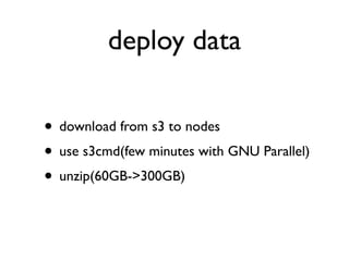 • download from s3 to nodes
• use s3cmd(few minutes with GNU Parallel)
• unzip(60GB->300GB)
deploy data
 