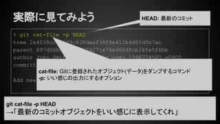 実際に見てみよう
% git cat-file -p HEAD
tree 2e4038cce3649c830daaf38f6e411b4d55d5b7ac
parent 897d06bcb89a12574271e74e90048cb26fe5f6bb
author John Smith <js@example.com> 1398774567 +0900
committer John Smith <js@example.com> 1398774567 +0900
Add new file: greeting2.txt
cat-file: Gitに登録されたオブジェクト(データ)をダンプするコマンド
-p: いい感じの出力にするオプション
HEAD: 最新のコミット
git cat-file -p HEAD
→「最新のコミットオブジェクトをいい感じに表示してくれ」
 