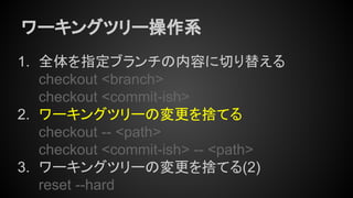 ワーキングツリー操作系
1. 全体を指定ブランチの内容に切り替える
checkout <branch>
checkout <commit-ish>
2. ワーキングツリーの変更を捨てる
checkout -- <path>
checkout <commit-ish> -- <path>
3. ワーキングツリーの変更を捨てる(2)
reset --hard
 