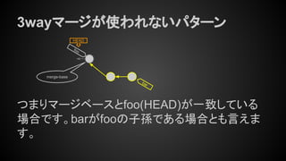 HEAD
bar
3wayマージが使われないパターン
つまりマージベースとfoo(HEAD)が一致している
場合です。barがfooの子孫である場合とも言えま
す。
merge-base
foo
 