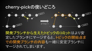 cherry-pickの使いどころ
開発ブランチから生えたトピックのコミットはより安
定したブランチにマージすると、トピックの開始点ま
での開発ブランチの内容も一緒に安定ブランチに
マージされてしまいます。
master
devel
master
devel
git merge X
X
 