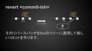 revert <commit-ish>
そのリバースパッチをfooのツリーに適用して新し
いコミットを作ります。
foo
HEAD
git revert 32ff01
32ff01
foo
HEAD
32ff01
apply
 