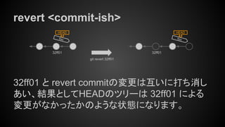 revert <commit-ish>
32ff01 と revert commitの変更は互いに打ち消し
あい、結果としてHEADのツリーは 32ff01 による
変更がなかったかのような状態になります。
foo
HEAD
git revert 32ff01
32ff01
foo
HEAD
32ff01
 