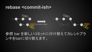 rebase <commit-ish>
参照 bar を新しいコミットに付け替えてカレントブラ
ンチをbarに切り替えます。
master
HEAD git rebase master
bar
master
HEAD
bar
 