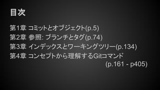 目次
第1章 コミットとオブジェクト(p.5)
第2章 参照: ブランチとタグ(p.74)
第3章 インデックスとワーキングツリー(p.134)
第4章 コンセプトから理解するGitコマンド
(p.161 - p405)
 