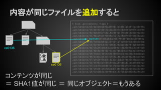 内容が同じファイルを追加すると
コンテンツが同じ
＝ SHA1値が同じ ＝ 同じオブジェクト＝もうある
% find .git/objects -type f
.git/objects/b0/de5d4beb96ad900811b3d9e115487fac54f99a
.git/objects/50/d659153f572c2ee2655c54d8084d987613d796
.git/objects/8c/6d0205c764e18d26f411770c081628e076e51f
.git/objects/f1/8bca942070f88dfc217a58d8766376fb642abc
.git/objects/ce/013625030ba8dba906f756967f9e9ca394464a
.git/objects/89/7d06bcb89a12574271e74e90048cb26fe5f6bb
.git/objects/cf/2d7699c6f20728bf126c8af08e7874a84b8696
.git/objects/8e/19af5536b93bcdcdf9d7c5b2df89d15c5876e8
.git/objects/b4/9b64efff762751cbc746633bc39be3e32090ad
.git/objects/69/35eb316843d05f389830ecb4022fbc9debbea5
.git/objects/49/6cd51216313fc969a1f61d5ebf96a843eb57e0
.git/objects/57/e9529754dc514a3ec10db2ff882018fbe1fcbf
.git/objects/2e/4038cce3649c830daaf38f6e411b4d55d5b7ac
.git/objects/03/ccb30ce6b8b7d157b6d28fb479257eb424af02
.git/objects/64/e50281e4e0ebbbdc438095b6a222931ec0240f
.git/objects/a8/0202bb5efd9949dc61fc7a8da48d0c8ac4faf0
ce0136
ce0136
 