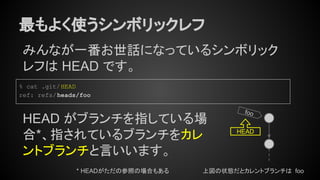 最もよく使うシンボリックレフ
みんなが一番お世話になっているシンボリック
レフは HEAD です。
foo
% cat .git/HEAD
ref: refs/heads/foo
HEAD がブランチを指している場
合*、指されているブランチをカレ
ントブランチと言いいます。
上図の状態だとカレントブランチは foo
HEAD
* HEADがただの参照の場合もある
 