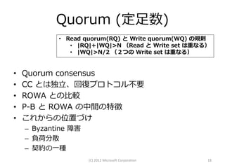 Quorum (定足数)
            • Read quorum(RQ) と Write quorum(WQ) の規則
               • |RQ|+|WQ|>N （Read と Write set は重なる）
               • |WQ|>N/2 （２つの Write set は重なる）


•   Quorum consensus
•   CC とは独立、回復プロトコル不要
•   ROWA との比較
•   P-B と ROWA の中間の特徴
•   これからの位置づけ
    – Byzantine 障害
    – 負荷分散
    – 契約の一種
                     (C) 2012 Microsoft Corporation   18
 