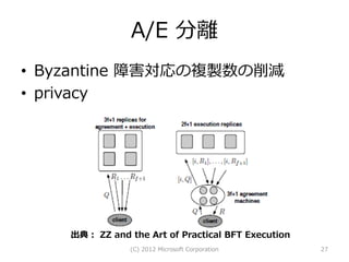 A/E 分離
• Byzantine 障害対応の複製数の削減
• privacy




    出典： ZZ and the Art of Practical BFT Execution
                (C) 2012 Microsoft Corporation      27
 