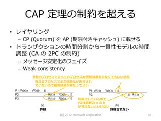 CAP 定理の制約を超える
• レイヤリング
 – CP (Quorum) を AP (期限付きキャッシュ) に載せる
• トランザクションの時間分割から一貫性モデルの時間
  調整 (CA の 2PC の制約)
 – メッセージ安定化のフェイズ
 – Weak consistency
     多数のプロセスですべてのプロセスが更新結果をみなくてもいい状況
     異なるプロセスでまだ同期化が実行され
     ていないので観測結果が異なってよい



                          同期化しているので
                          P2は最新の x の b
                          が見えないといけない
       許容                                     許容されない
             (C) 2012 Microsoft Corporation            40
 