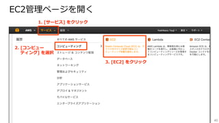 40
EC2管理理ページを開く
1.  [サービス]  をクリック
3.  [EC2]  をクリック
2.  [コンピュー
 　  ティング]  を選択
 
