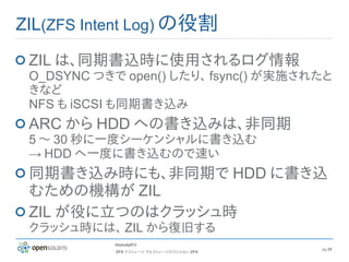 ZIL(ZFS Intent Log) の役割

 ZIL は、同期書込時に使用されるログ情報
 O_DSYNC つきで open() したり、 fsync() が実施されたと
 きなど
 NFS も iSCSI も同期書き込み
 ARC から HDD への書き込みは、非同期
 5 〜 30 秒に一度シーケンシャルに書き込む
 → HDD へ一度に書き込むので速い
 同期書き込み時にも、非同期で HDD に書き込
 むための機構が ZIL
 ZIL が役に立つのはクラッシュ時
 クラッシュ時には、 ZIL から復旧する
            hbstudy#12
                                           pg 25
            ZFS でストレージ でもストレージだけじゃない ZFS
 