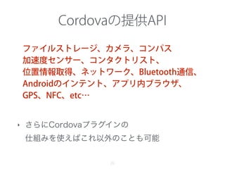 Cordovaの提供API
20
‣ さらにCordovaプラグインの 
仕組みを使えばこれ以外のことも可能
ファイルストレージ、カメラ、コンパス
加速度センサー、コンタクトリスト、
位置情報取得、ネットワーク、Bluetooth通信、
Androidのインテント、アプリ内ブラウザ、
GPS、NFC、etc…
 