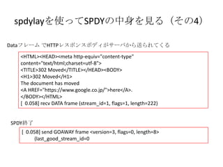 spdylayを使ってSPDYの中身を見る
       www.google.com サーバ編 （その4）
Dataフレーム でHTTPレスポンスボディがサーバから送られてくる

  <HTML><HEAD><meta http-equiv="content-type"
  content="text/html;charset=utf-8">
  <TITLE>302 Moved</TITLE></HEAD><BODY>
  <H1>302 Moved</H1>
  The document has moved
  <A HREF="https://www.google.co.jp/">here</A>.
  </BODY></HTML>
  [ 0.058] recv DATA frame (stream_id=1, flags=1, length=222)


SPDY終了
   [ 0.058] send GOAWAY frame <version=3, flags=0, length=8>
         (last_good_stream_id=0
 