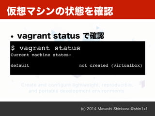 仮想マシンの状態を確認
(c) 2014 Masashi Shinbara @shin1x1
$ vagrant status!
Current machine states:!
!
default not created (virtualbox)!
• vagrant status で確認
 