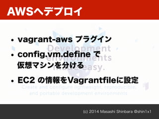 AWSへデプロイ
(c) 2014 Masashi Shinbara @shin1x1
• vagrant-aws プラグイン
• conﬁg.vm.deﬁne で 
仮想マシンを分ける
• EC2 の情報をVagrantﬁleに設定
 