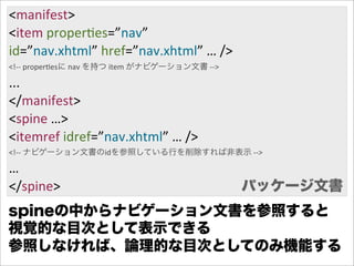 <manifest>
<item  properGes=”nav”
id=”nav.xhtml”  href=”nav.xhtml”  …  />
<!-­‐-­‐  properGesに  nav  を持つ  item  がナビゲーション文書  -­‐-­‐>

...
</manifest>
<spine  …>
<itemref  idref=”nav.xhtml”  …  />
<!-­‐-­‐  ナビゲーション文書のidを参照している行を削除すれば非表示  -­‐-­‐>

…
</spine>                                                    パッケージ文書
spineの中からナビゲーション文書を参照すると
視覚的な目次として表示できる
参照しなければ、論理的な目次としてのみ機能する
 