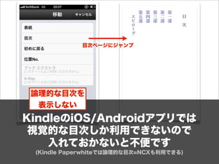 目次ページにジャンプ




 論理的な目次を
  表示しない
KindleのiOS/Androidアプリでは
 視覚的な目次しか利用できないので
    入れておかないと不便です
 (Kindle Paperwhiteでは論理的な目次=NCXも利用できる)
 