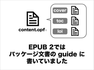 cover

                  toc

  content.opf※    loi



   EPUB 2では
パッケージ文書の guide に
   書いていました
 