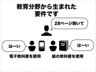 教育分野から生まれた
     要件です
           28ページ開いて




はーい              はーい

電子教科書を使用   紙の教科書を使用
 